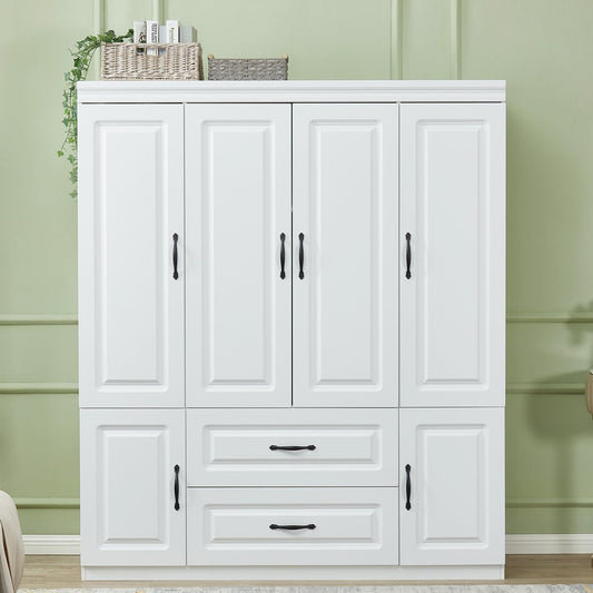 Sophshelter Armoire Wardrobe Closet Cabinet Wooden, 4 Door 2 Drawers White Cabinet Closet with High Storage Capacity, Cabinet Closet Wardrobe with 2 Shelves and Hanging Rod 63" L x 20.3" W x 72" H