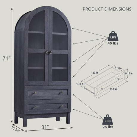 IFGET 71" Tall Arched Kitchen Pantry Cabinet, Wood Kitchen Storage Cabinets with 2 Large Drawers and Adjustable Shelves, Modern Farmhouse Versatile Cupboard for Kitchen, Dining Room, Bathroom, Grey IFGET