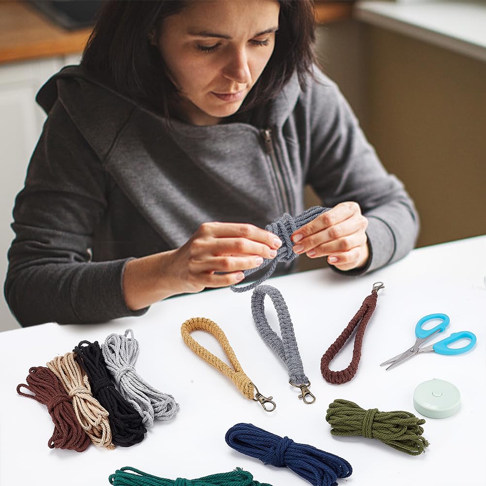 INFUNLY 8 Sets Macrame DIY Wristlet Keychain Kits with Update Instruction Macrame Cord Knotting Kits for Adults Beginners Boho Macrame Keychain Kit Includes Key Rings for Key Gift Macrame Beginners INFUNLY