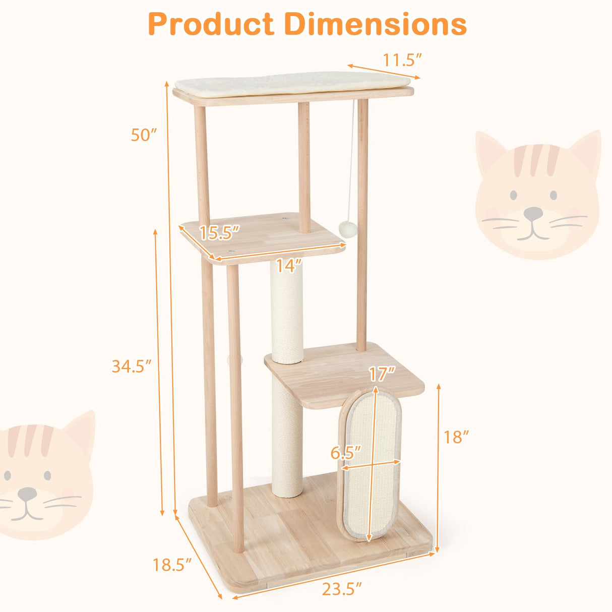 Tangkula Wooden Cat Tree, 50 Inch Tall Cat Tower with Solid Oak & Beech Wood Frame, Scratching Posts & Board, Perch, Pompom Ball, Cat Activity Center, Modern Cat Tree for Indoor Cats Large Adult Tangkula