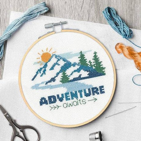 Dimensions 72-70486 Adventure Awaits Counted Cross Stitch Kit for Beginners, 6" Diameter, 14 Cnt. Aida, 5 Pieces Dimensions