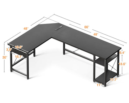 Coleshome L Shaped Computer Desk 66" with Power Outlet & Storage Shelves, Corner Sturdy Writing Desk Workstation, Modern Wooden Office Gaming Desk, Wood & Metal, Black