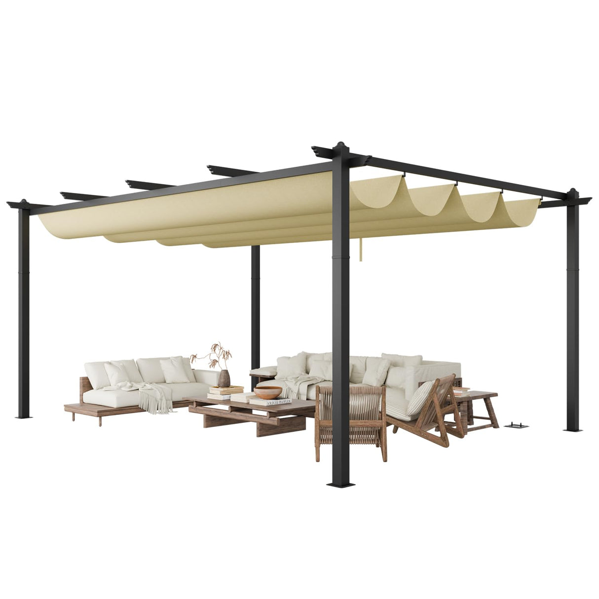 EBE 12'x16' Outdoor Pergola, Metal Patio Pergolas, Heavy Duty Retractable Awning Pergola Sun Shade Canopy for Decks, Gardens and Backyards, Beige EBE