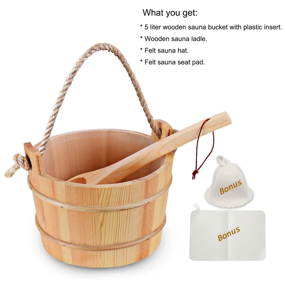 Bestnewie Sauna Bucket with Ladle Handmade Wooden Sauna Bucket Sauna Spa Accessory - 5 Liter (1.3 Gallon) Sauna Bucket with Felt Sauna Hat and Sauna Seat Pad Bestnewie