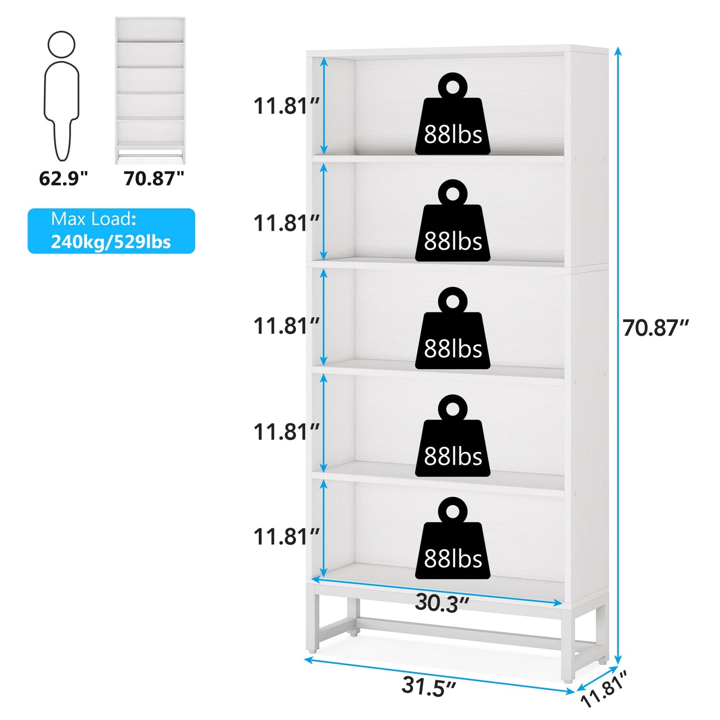 Tribesigns Tall Bookcase and Bookshelf, 70.8” Large Bookcases Organizer with 5-Tier Storage Shelves, Heavy Duty Free-Standing Library Bookshelf Shelving Unit for Living Room, Bedroom, Office (White)