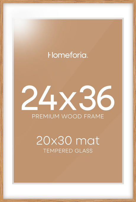 Homeforia 24x36 Poster Frame Wood, High End Natural Oak 24 x 36 Large Picture Frame with Mat 20 by 30, 24x36 Light Wooden Frames Matted to 20x30 Photo, 36x24 Frames, Tempered Glass, Wall Kit, Set of 1 Homeforia