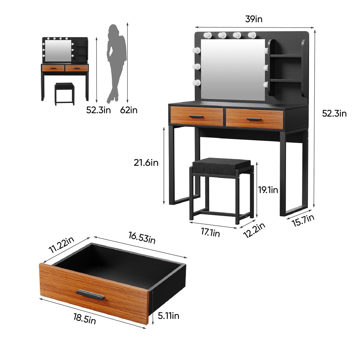 Semiocthome Vanity Desk with Mirror and 10 LED Lights, 39.4"W Makeup Desk with 2 Big Drawers and Side Shelves for Storage, Girl's Dressing Table with Metal Frame, Corner Makeup Table with Chair- Brown Semiocthome