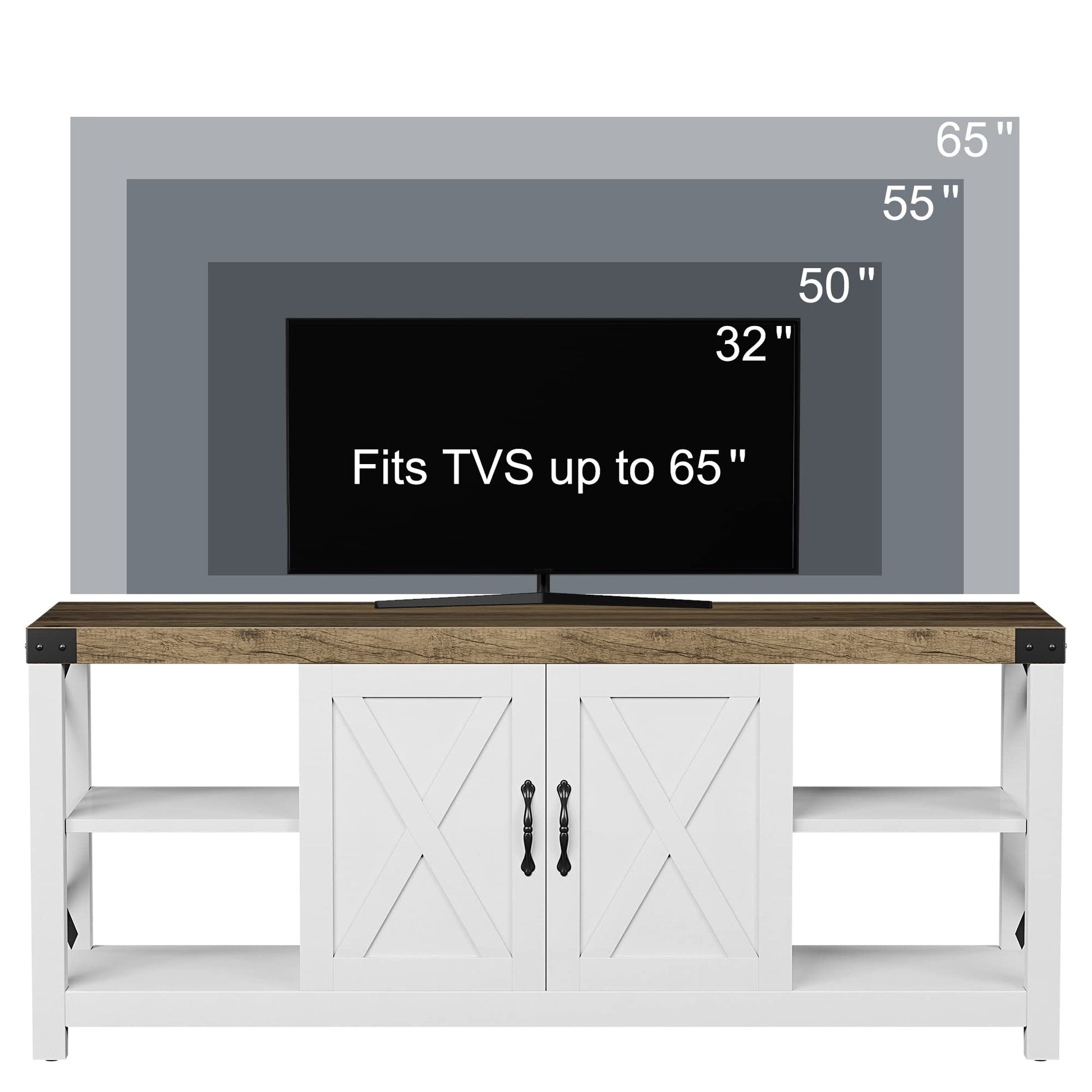 IDEALHOUSE Farmhouse TV Stand for 65/60/55 Inches, Mid Century Modern Entertainment Center with Storage Cabinets and Open Shelves, Wood TV Table Media Console for Living Room, Bedroom (White) - WoodArtSupply