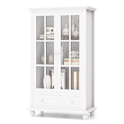 Giantex 55" White Bookcase with Doors and Drawer, Tall Wooden Bookshelf Organizer with Adjustable Shelves, Freestanding Glass Display Storage Cabinet