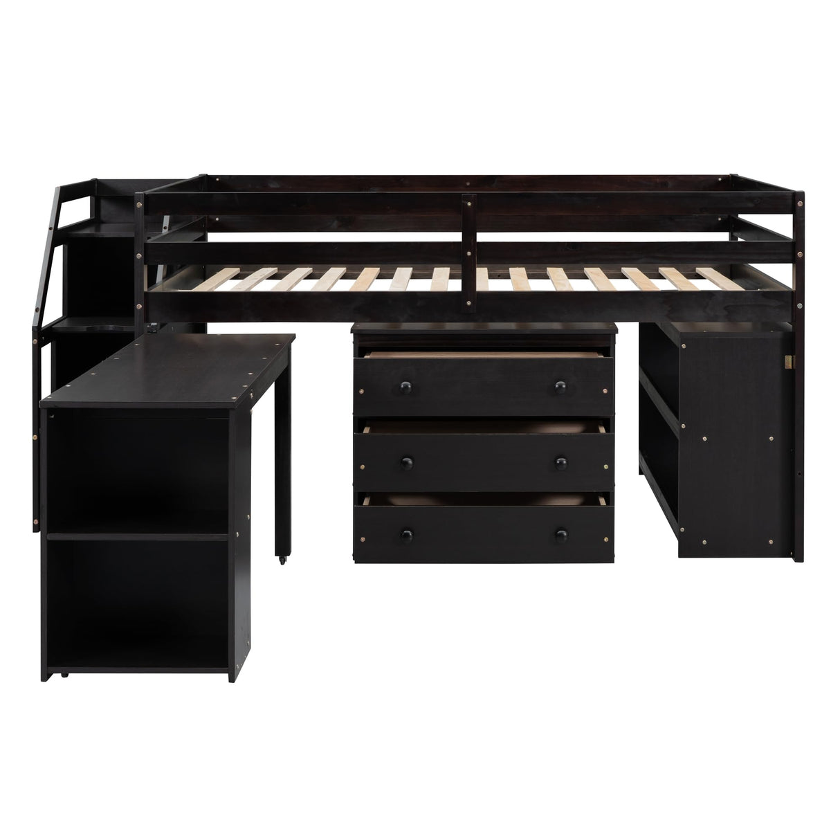 Full Size Low Loft Bed with Stairs and Rolling Desk, Wood Kids Full Loft Bed with Storage Drawers and Shelves, Low Full Storage Bed with Cabinet for Kids, Juniors, Teens (Espresso) Harper & Bright Designs