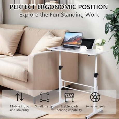 Portable Standing Desk Adjustable Height 27.5"-43.3", Small Computer Desk with Wheels, Foldable Home Office Desk, Folding Table for Laptop, Rolling Desk for Small Space, White Wintline