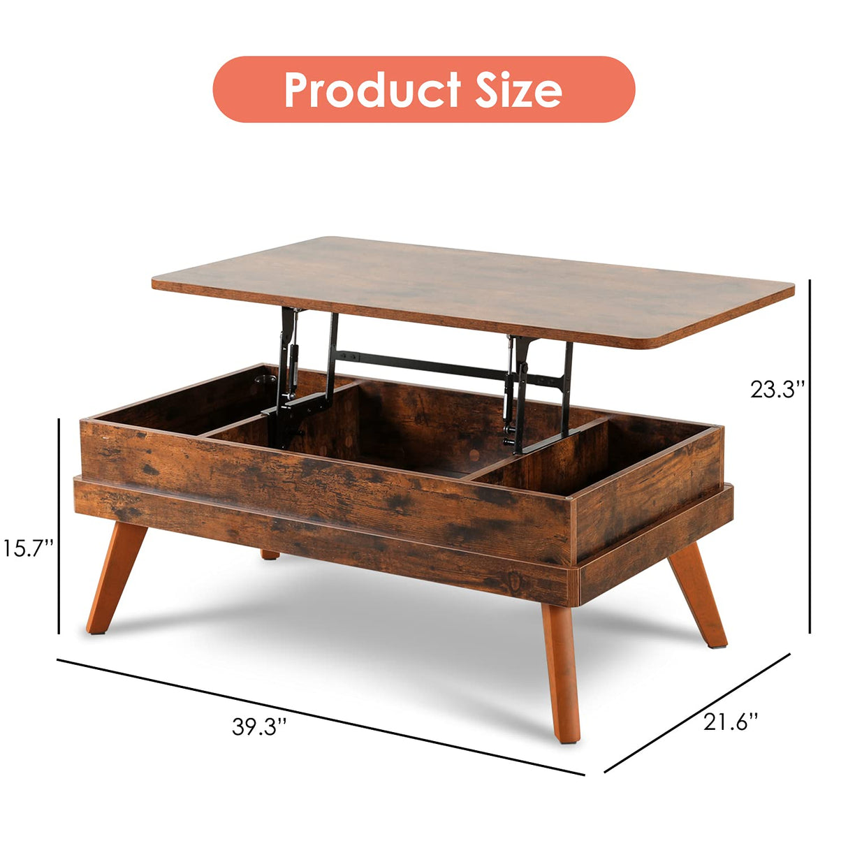 Bidiso Lift Top Coffee Table, Easy-to-Assembly Center Table with Hidden Storage Compartment, Industrial Lift Tabletop Dining Table for Living Room Reception/Home Office, Rustic Brown Bidiso