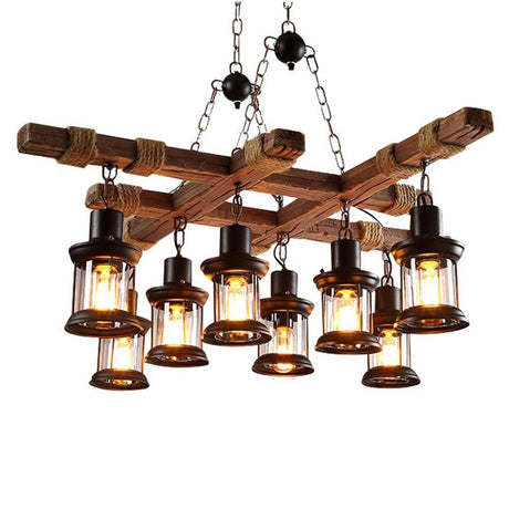 A Million 8 Lights Industrial Retro Wooden Chandelier Pendant Light Island Hanging Ceiling Fixture Vintage Farmhouse Wood Light Adjustable Chain for Home Cafe Bar Restaurant (39.4") A Million