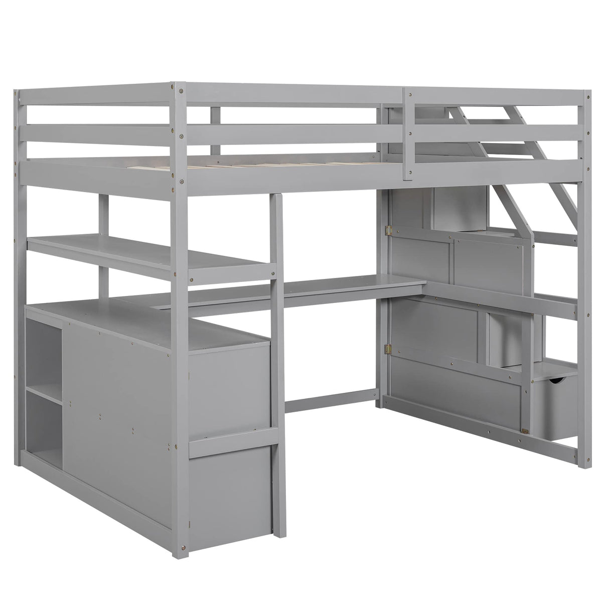 Grey Full Size Loft Bed with Stairs, Desk, Drawers, and Bookshelf by Harper & Bright Designs Harper & Bright Designs