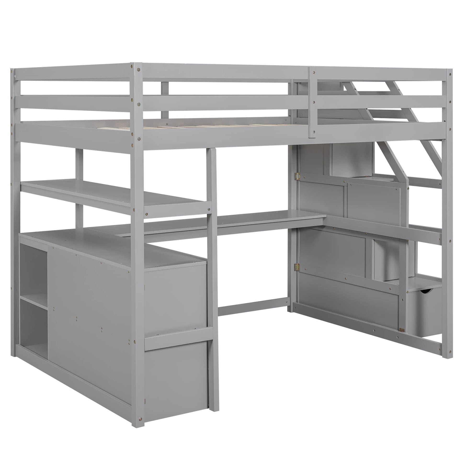 Grey Full Size Loft Bed with Stairs, Desk, Drawers, and Bookshelf by Harper & Bright Designs - WoodArtSupply