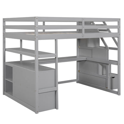 Merax Full Size Loft Bed with L-Shaped Desk, Storage Drawers, and Staircase in Grey - WoodArtSupply