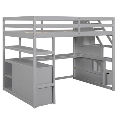 SOFTSEA Grey Full-Size Loft Bed with Integrated Desk and Storage Solutions SOFTSEA