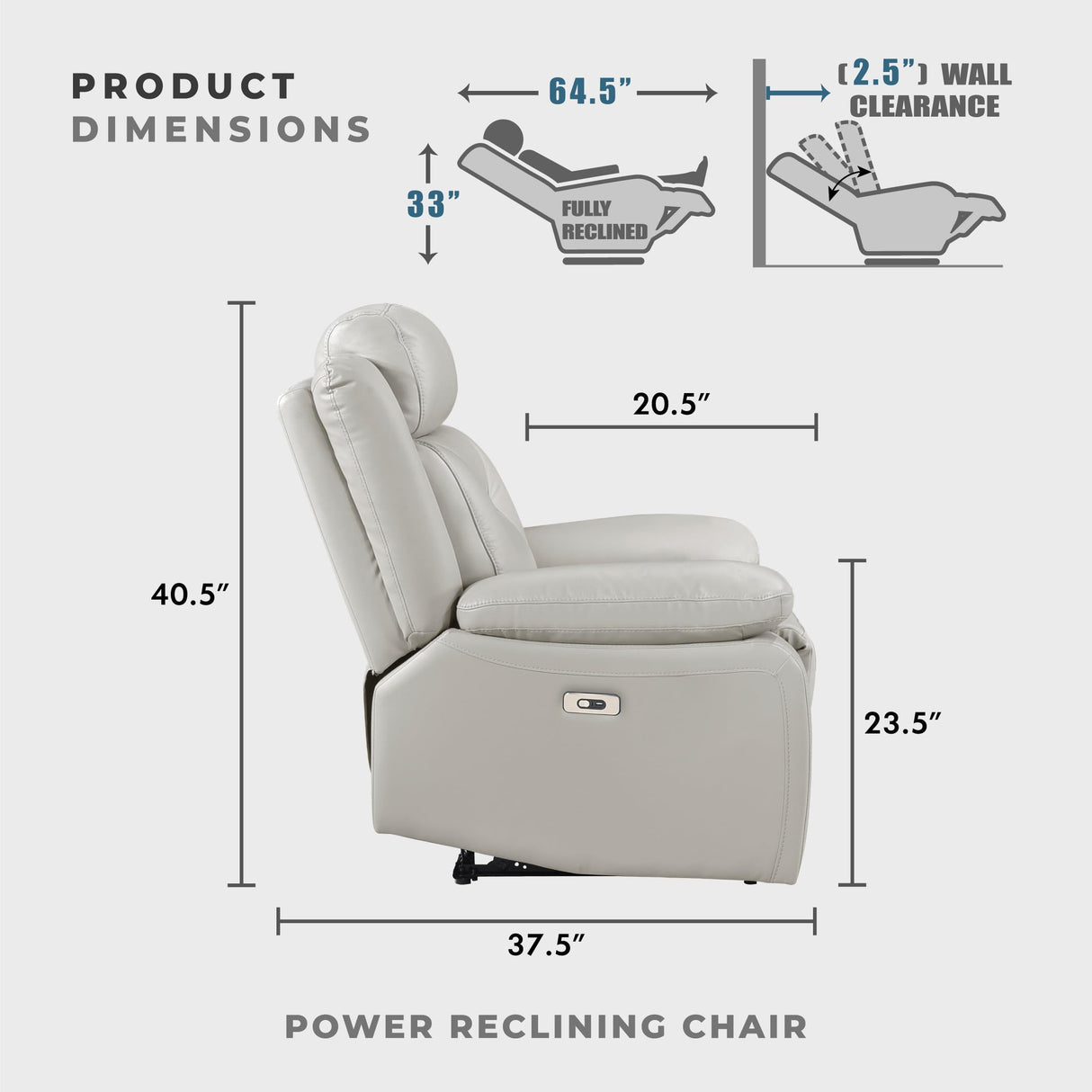 Lexicon Power Recliner Chair for Living Room, Top Grain Leather Match Recliner with Pillow Top Armrests, Home Theater Seating, Wall Hugger Recliners with USB Port, 40" W, Silver Lexicon