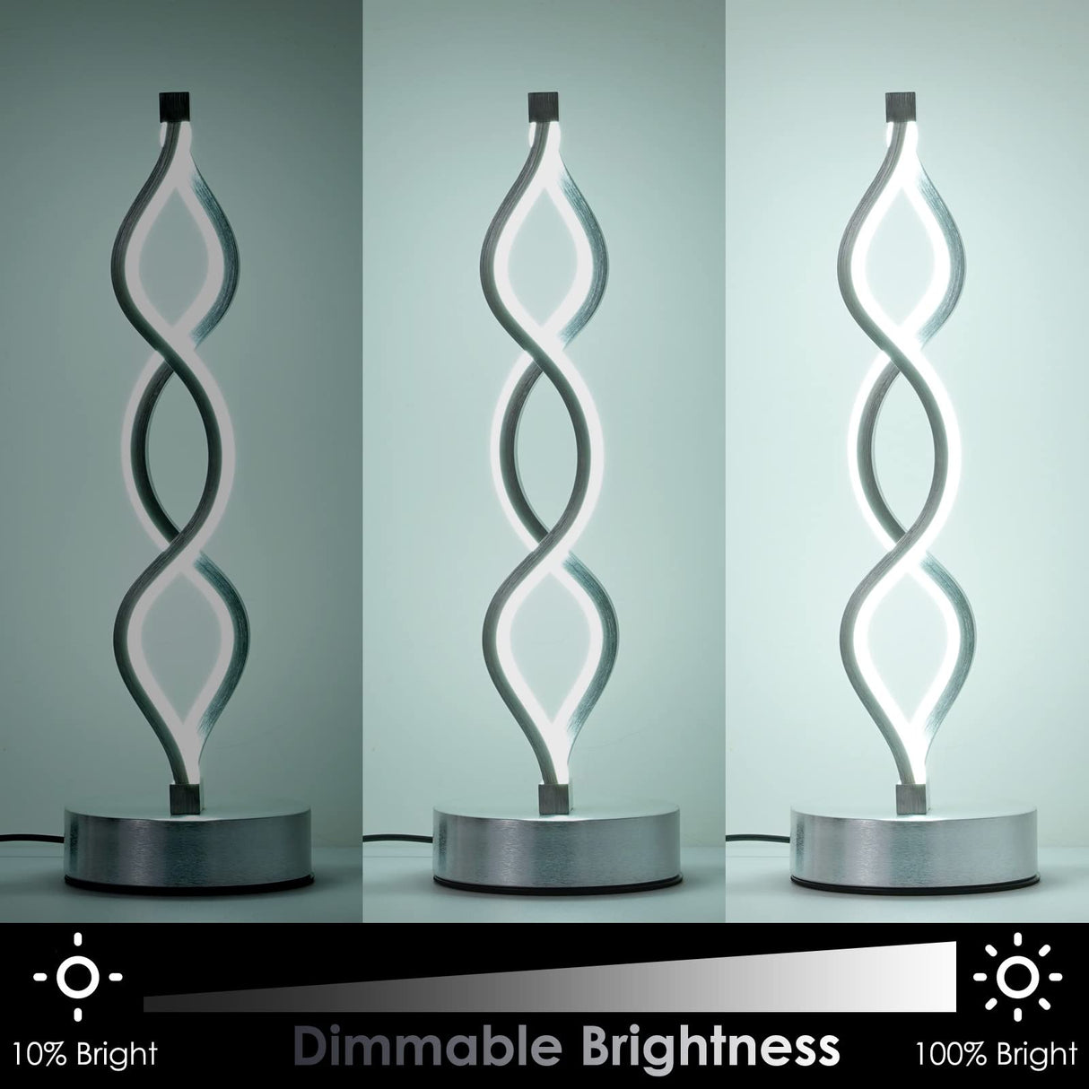 NUÜR Infinity Spiral LED Table Lamp Silver, Dimmable Metallic Bedside Lamp with Touch Controller, 3 Colour Temperature, 15.8 Inch Height, Decorative Lamp for Home, Living Room NUÜR