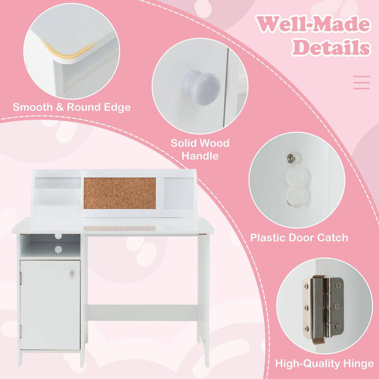HONEY JOY Kids Desk and Chair Set, Wooden Children School Study Table and Chair w/Whiteboard, Hutch, Storage Shelves, Student Writing Desk Computer Workstation for Bedroom, 3+ Years Old (White) HONEY JOY