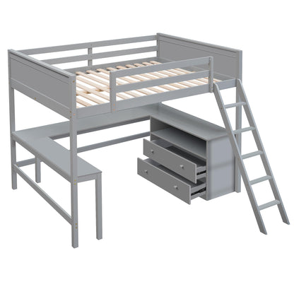 Full Size Loft Bed with L-Shaped Desk, Storage Shelves & Drawers in Grey - Solid Wood Frame with Guardrails & Ladder for Space-Saving Solutions - WoodArtSupply