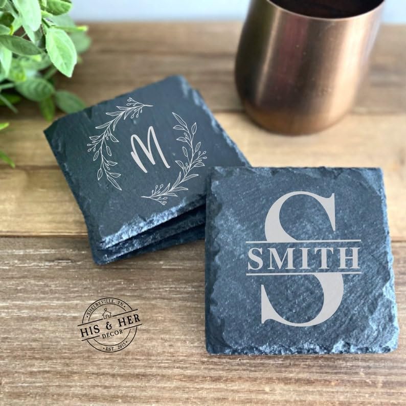 Set of 4 Slate Drink Coasters, Personalized Housewarming Gift, Personalized Gifts, Wedding Couples Gift, Engraved Stone Coasters, Custom Gift Set, Monogram Coasters, New Home Gifts, Drinkware Generic