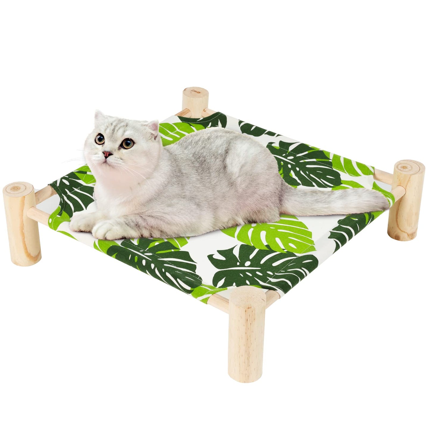 Patas Lague Cat and Dog Hammock Bed Small Dog Bed, Wooden Cat Elevated Cooling Outdoor Bed for All Seasons, Cat Beds for Indoor Cats, Cat Cots Furniture Pet Bed Puppy Bed(Monstera Leaf) - WoodArtSupply