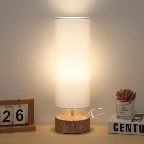 Bedside Table Lamp, 3 Way Touch Control Table Lamp with Wood Grain Base, Dimmable Nightstand Lamp with White Shade, Simple Night Light for Bedroom Living Room Home Office, LED Bulb Included Seaside village