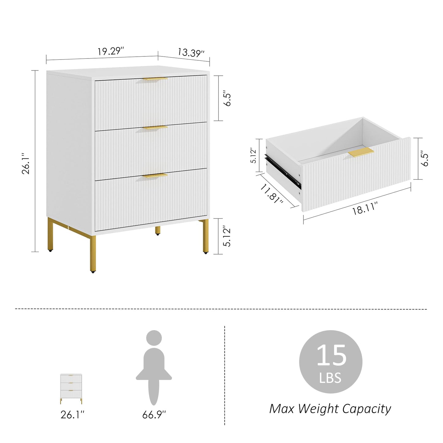 Aienvey Night Stand,Tall Bedside Table with 3-Storage Drawers,White Nightstand,End Table,Bedside Furniture,Side Table with Gold Frame,Fluted Drawer Dresser for Bedroom,Living Room - WoodArtSupply