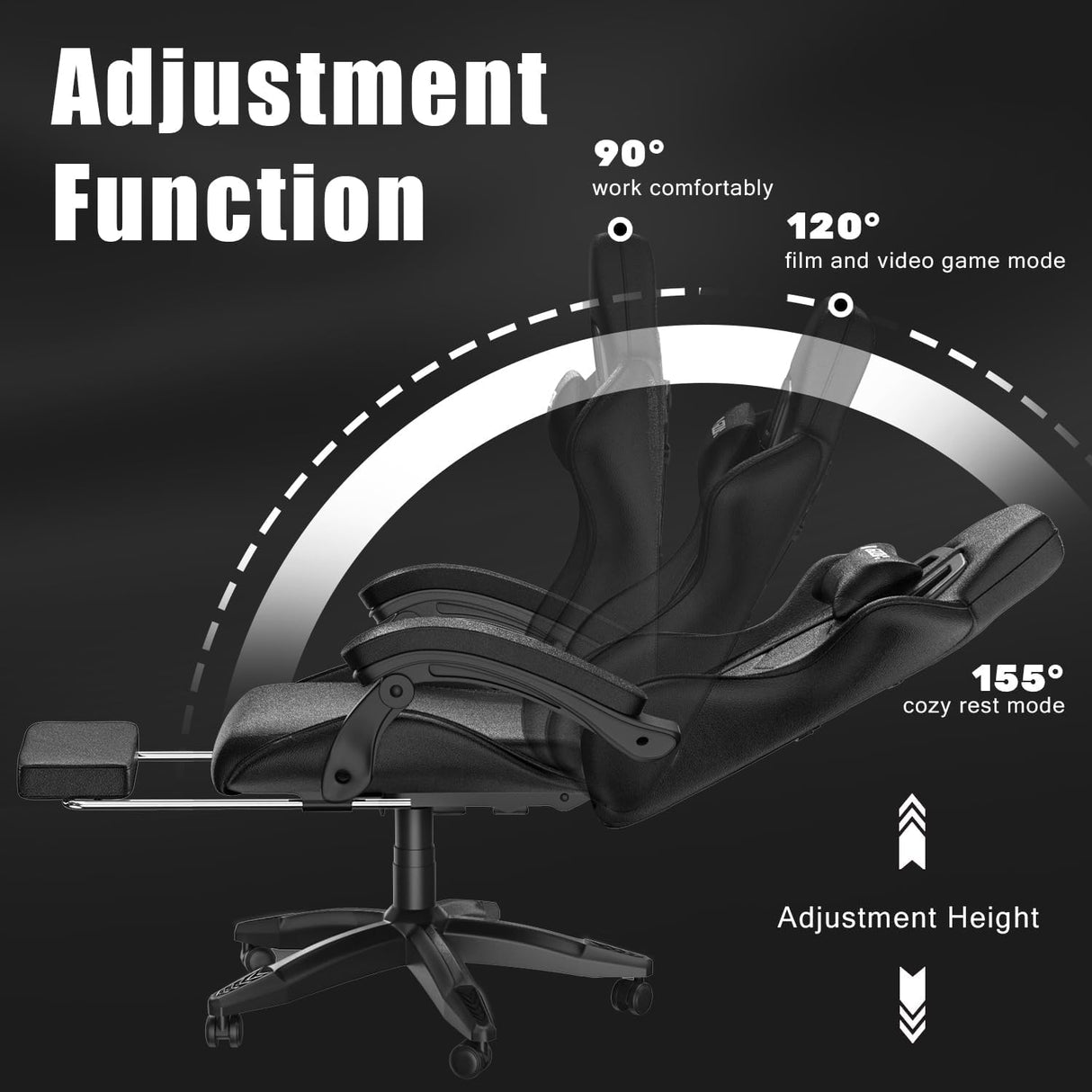 Bigzzia Gaming Chair with Footrest, Ergonomic Game Chairs with Headrest and Lumbar Support, Adjustable Height, Reclining, Racing Style, and 360°Swivel Seat for Computer/Video Game Chair,Black Bigzzia