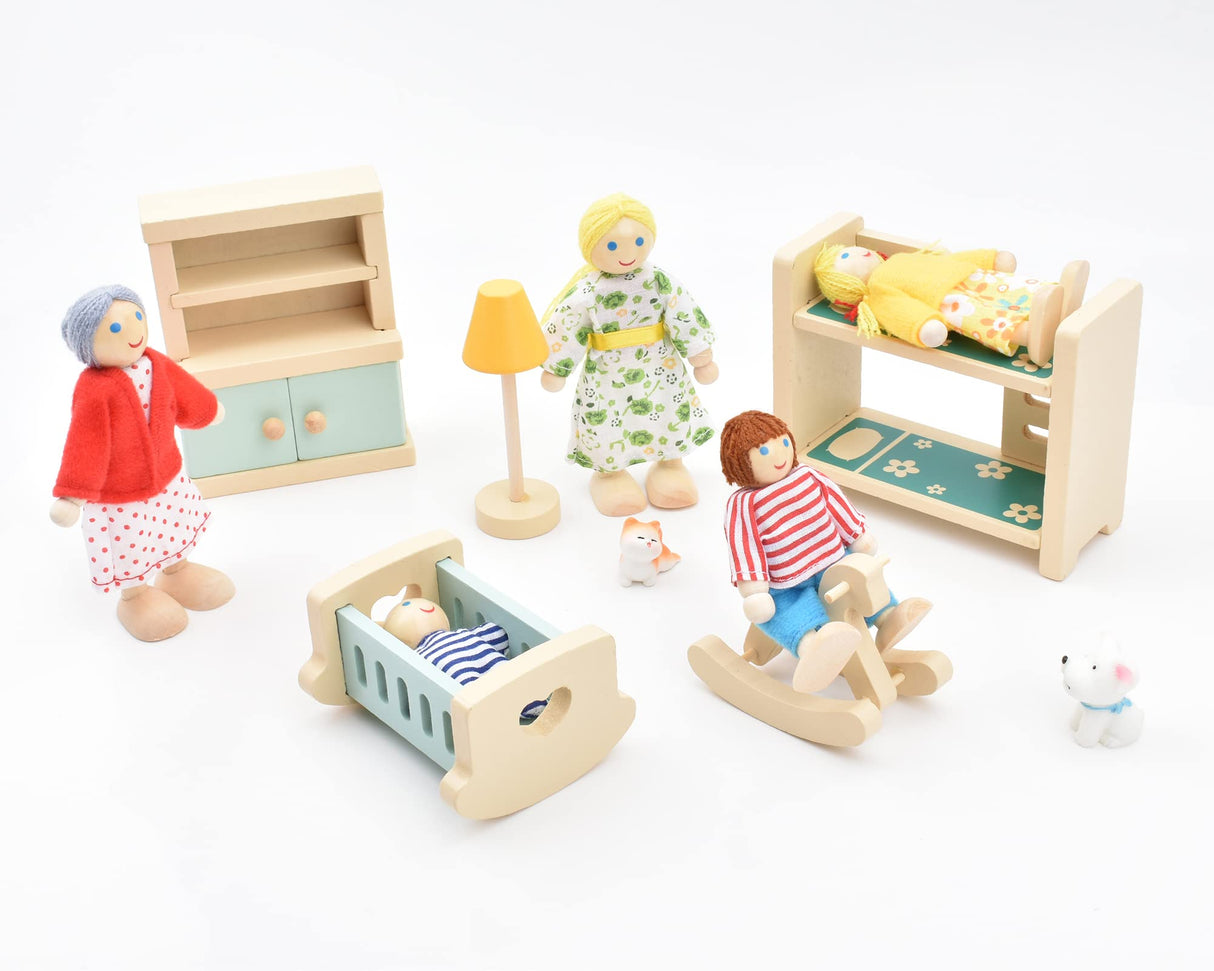 Jzszera Wooden Doll House People of 8 Miniature Figures and 2 Pets, Dollhouse Dolls Family Set- Dollhouse Accessories for Girls Toddler Kids Pretend Play and Imaginative Fun Jzszera