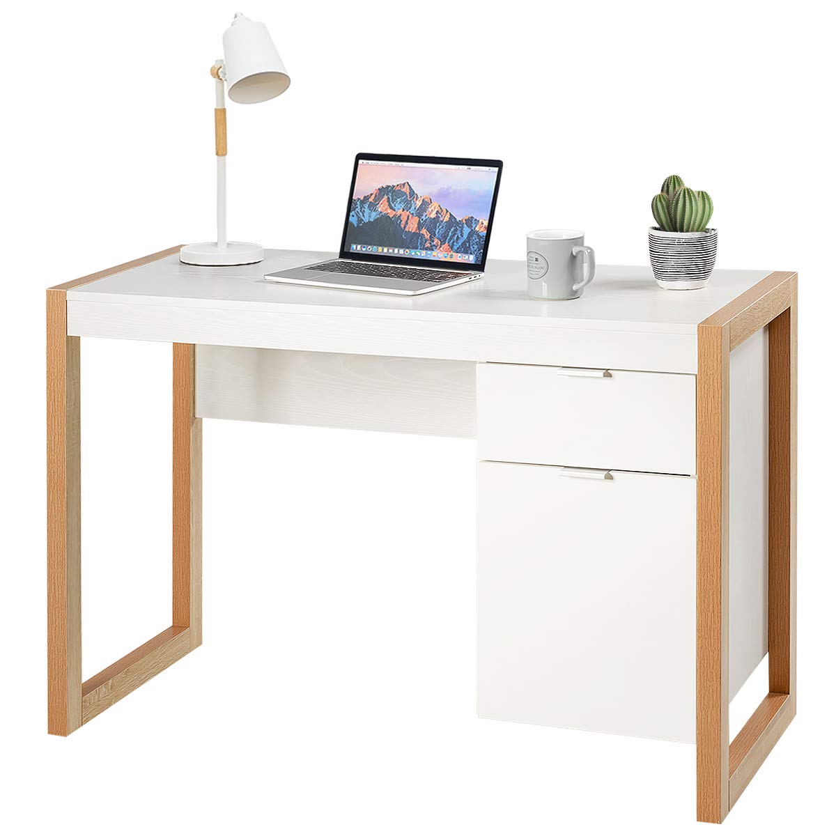 Tangkula White Desk with Drawer & Cabinet, Wooden Home Office Desk, PC Laptop Workstation Study Writing Desk, Ideal for Bedroom Home Office (White & Natural) Tangkula