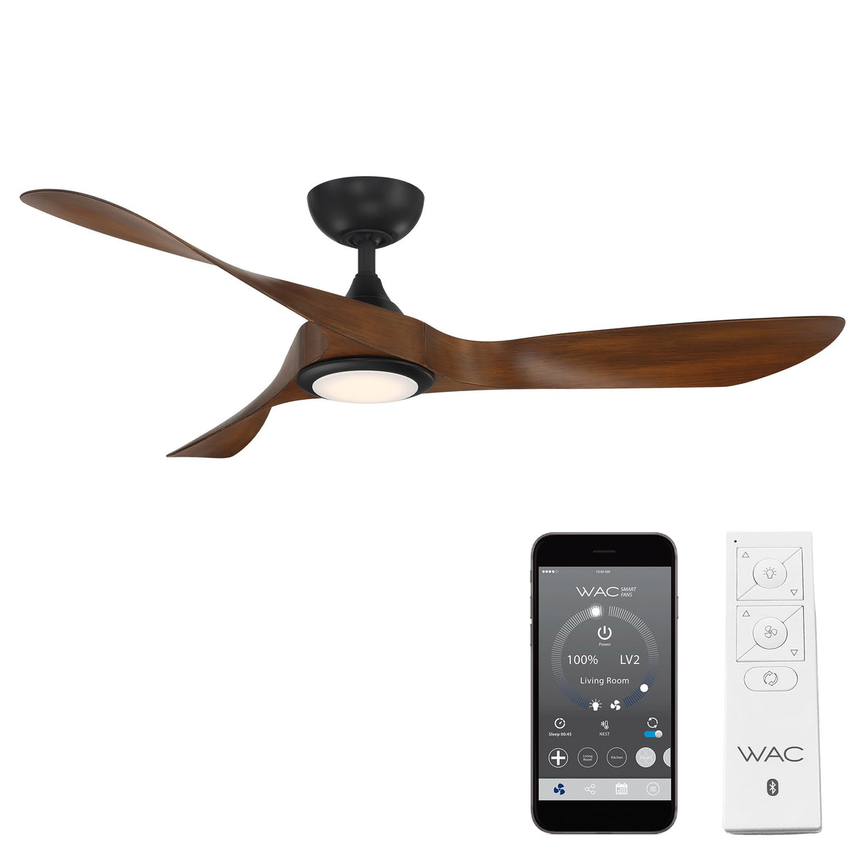 WAC Smart Fans Swirl Indoor and Outdoor 3-Blade Smart Home Ceiling Fan 54in Matte Black Koa with 3000K LED Light Kit and Remote Control works with Alexa and iOS or Android App WAC Lighting