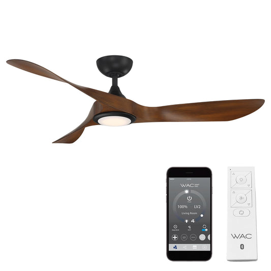 WAC Smart Fans Swirl Indoor and Outdoor 3-Blade Smart Home Ceiling Fan 54in Matte Black Koa with 3000K LED Light Kit and Remote Control works with Alexa and iOS or Android App