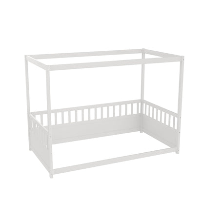 Twin Size Canopy Bed Frame with 4 Posters and Guardrails, Twin Size Montessori Floor Bed with High Fence, White Montessori Bed Twin Size