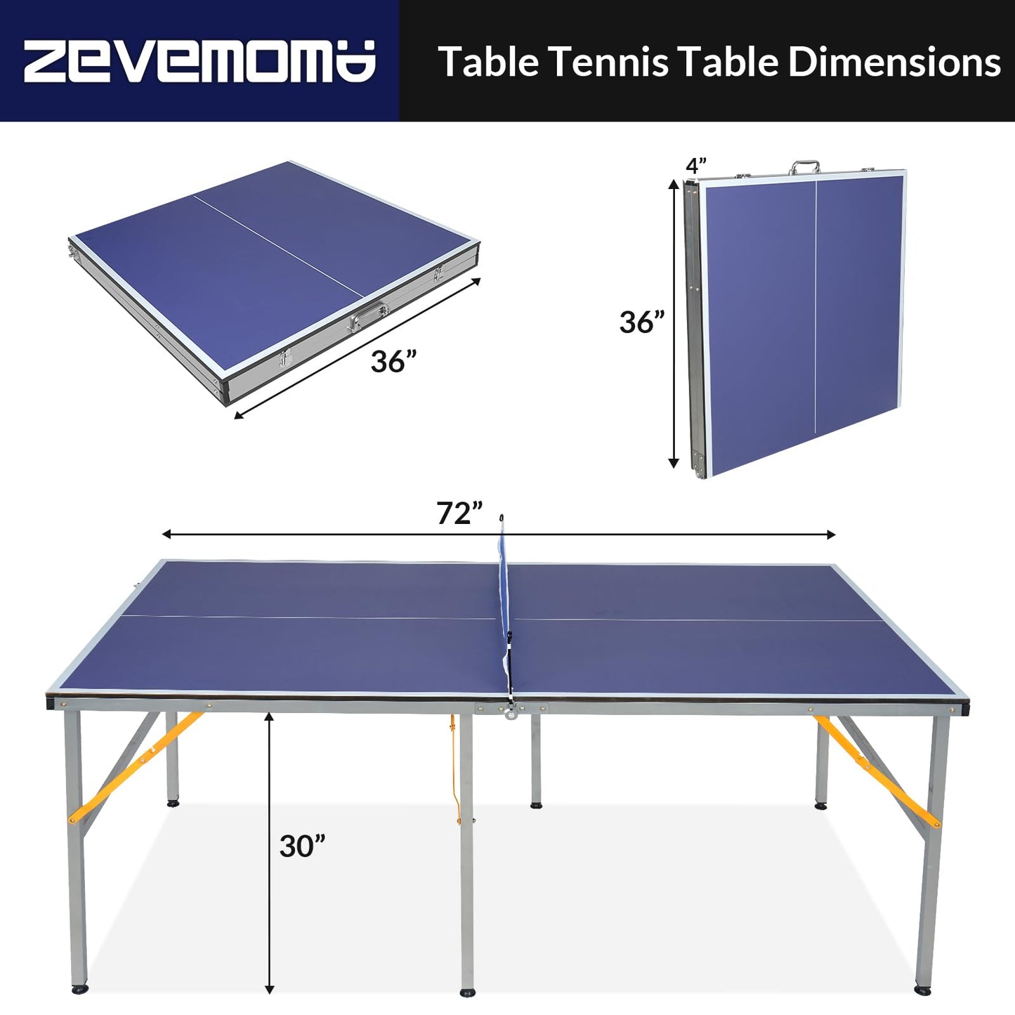 Zevemomo Portable Table Tennis Table, 6FT Mid-Size Foldable Ping Pong Game Set for Indoor/Outdoor, Ping Pong Table Top with Net, 2 Paddles and 3 Balls, Table Tennis Set 10 Minute Quick & Easy Assembly