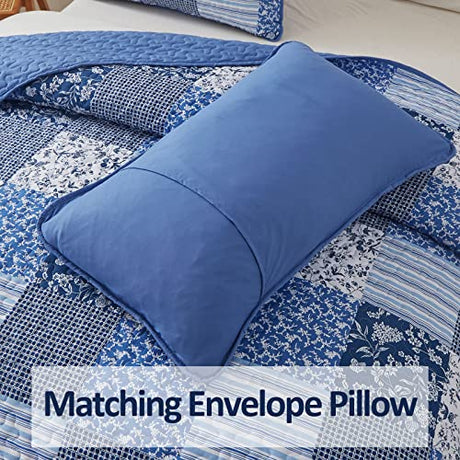 Mybedsoul Blue Boho Quilt Set King Size,3 Pieces Plaid Floral Bedspread Coverlet Set for All Season,Patchwork Reversible Bedding Set King 90"x104" Mybedsoul
