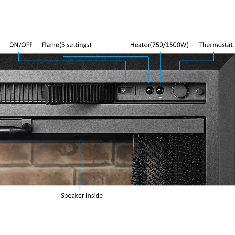 PuraFlame Klaus Electric Fireplace Insert with Fire Crackling Sound Glass Door and Mesh Screen, 750/1500W, Black, 33 1/16 Inches Wide, 21 Inches High, 33 1/16 W X 21 H X 7 51/64 D