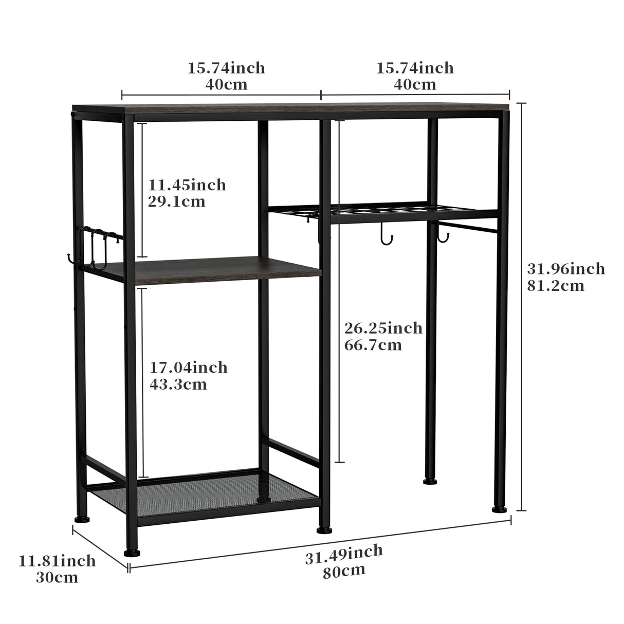 Consumest Bakers Rack with Storage - Microwave Stand and Coffee Bar Cabinet, Multifunctional Pan Organizer with 6 Hooks and 2 Shelves, Microwave Cart for Kitchen, Living Room, Grey&Black Consumest
