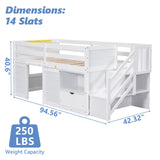 Twin Low Loft Bed for Kids, Twin Size Solid Frame with Drawer and Stairs, Modern Space-Saving Bed, Loft Bed with Storage, Strong Wood Slats Support, Under-Bed Playroom, No Box Spring Needed (White) Lyngins
