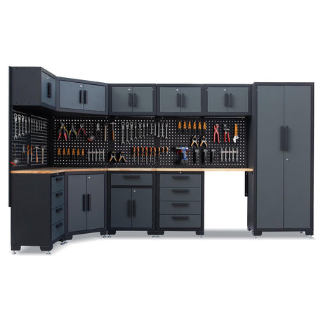 HPDMC 15-Piece Corner Garage Storage Cabinet System - Heavy Duty Workshop Set w/Corner Cabinet Includes Workbench, Pegboard & Lockable Drawers | Metal Tool Organization System for Garage/Workshop HPDMC