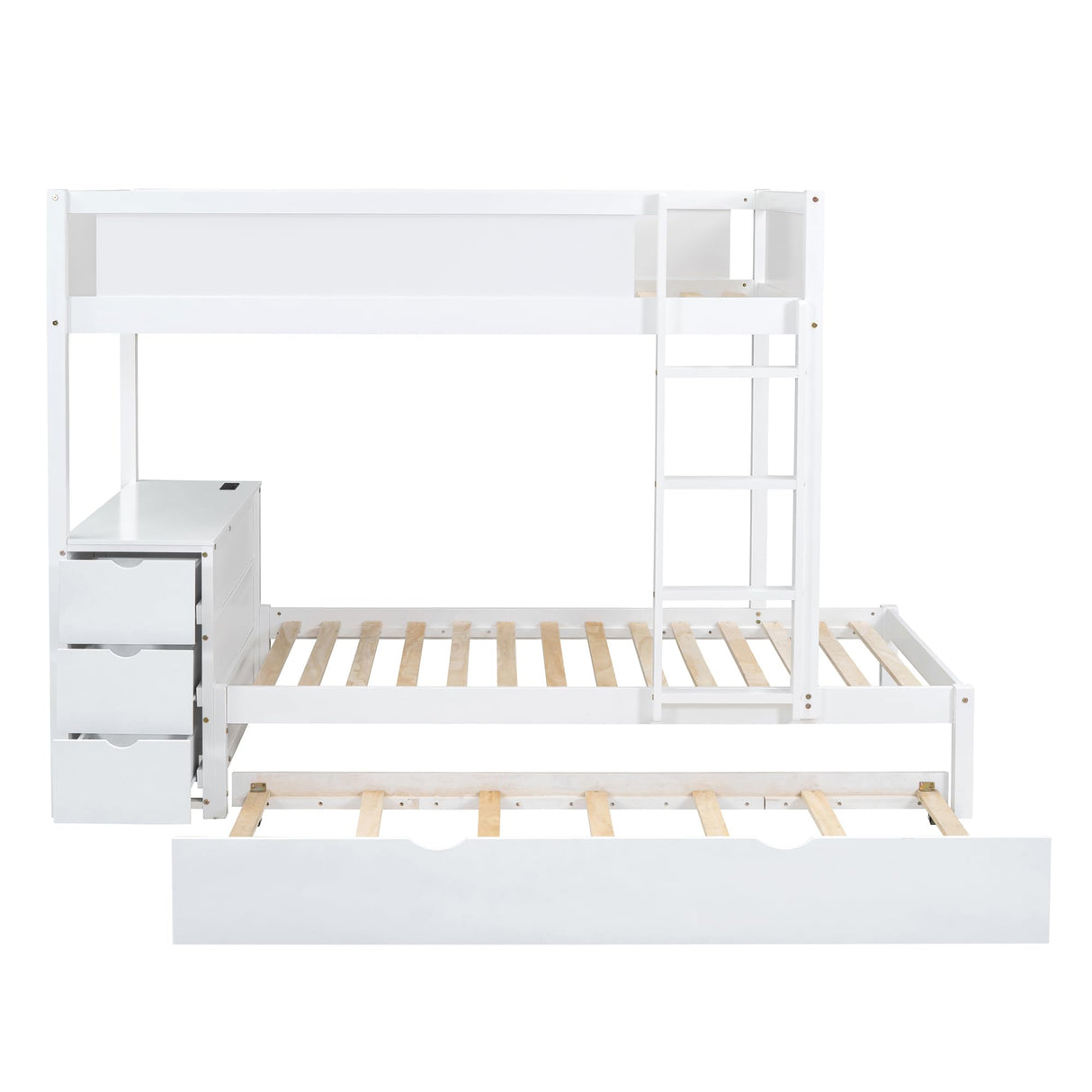 Ball & Cast Twin-Over-Twin Bunk Bed with Twin Size Trundle,Solid Wood Bedframe W/Desk & Drawers,USB,Space Saving,Easy Assembly,Multifunctional Bedroom Furniture Set for Boys Girls Teens,White Ball & Cast
