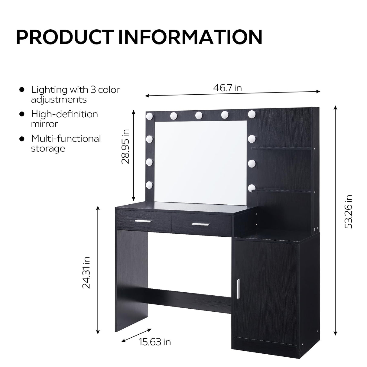 MIRROTOWEL 46.7IN Vanity Desk with Mirror and Lights, Dressing Table with 2 Large Drawer&Large Vertical Organizer, 3 Level Dresser & 3 Lighting Modes Adjustable Brightness, Suitable for Bedroom(black) MIRROTOWEL