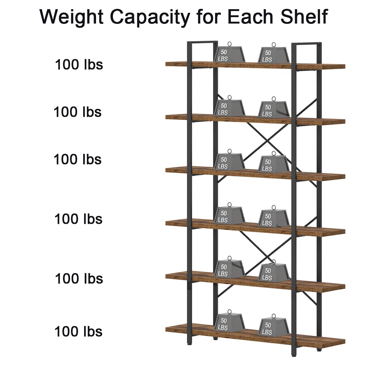 Industrial Modern 6-Tier Tall Bookcase in Rustic Brown - Open Wood and Metal Display Rack HSH