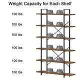 Industrial Modern 6-Tier Tall Bookcase in Rustic Brown - Open Wood and Metal Display Rack HSH