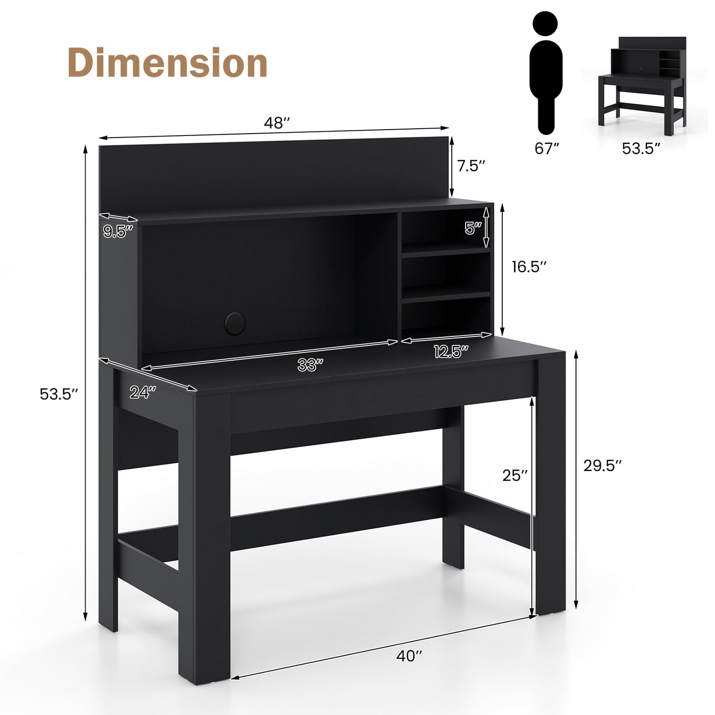 Tangkula Modern 2-in-1 Computer Desk with Hutch & Storage for Home Office (Black) - WoodArtSupply