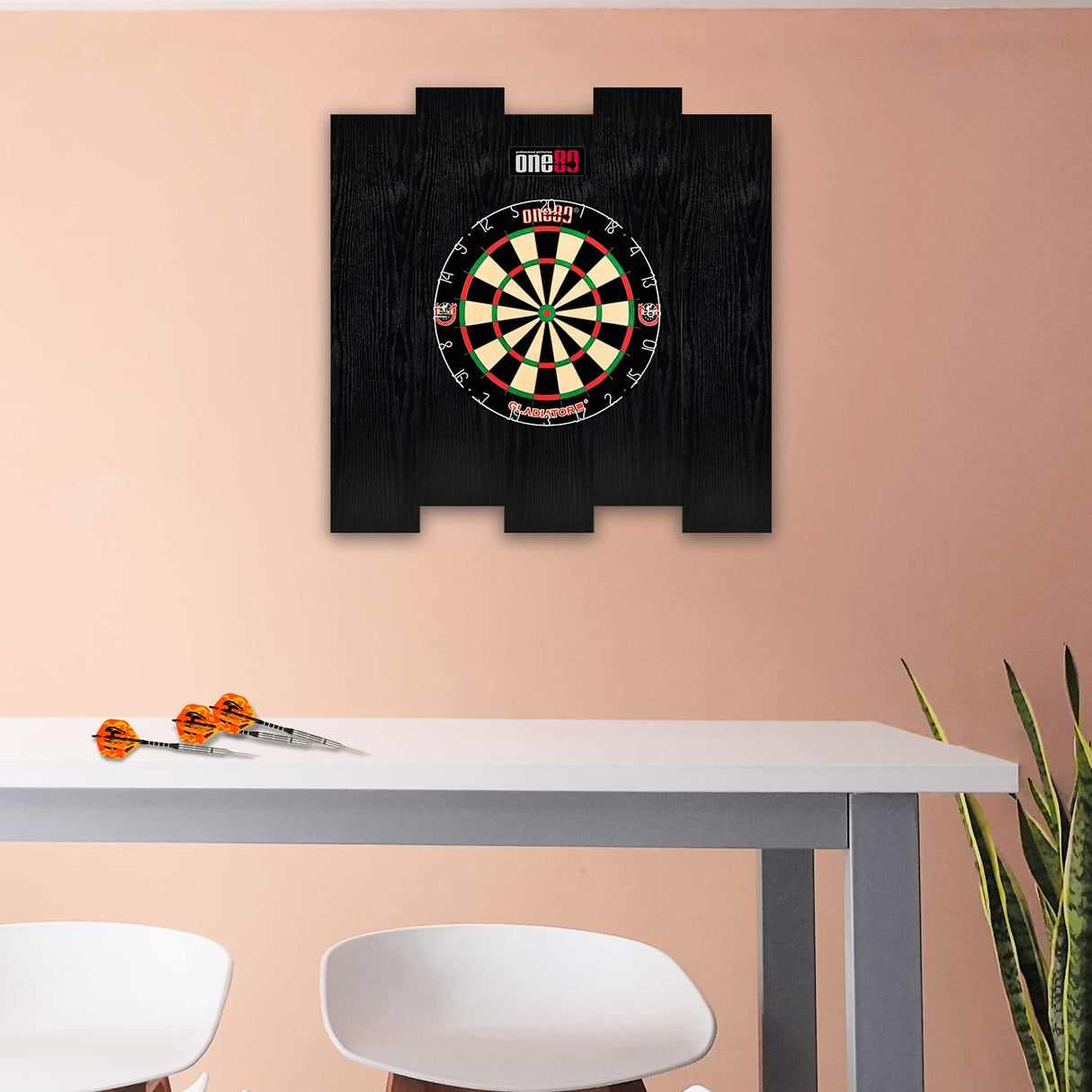ONE80 Knock-down Dartboard Backboard for A Large Area of Wall Protection Free Combination for Various Set-up Options Wooden Backboard with Black Veins Mounting Kits and Instructions Included Dartboard ONE80