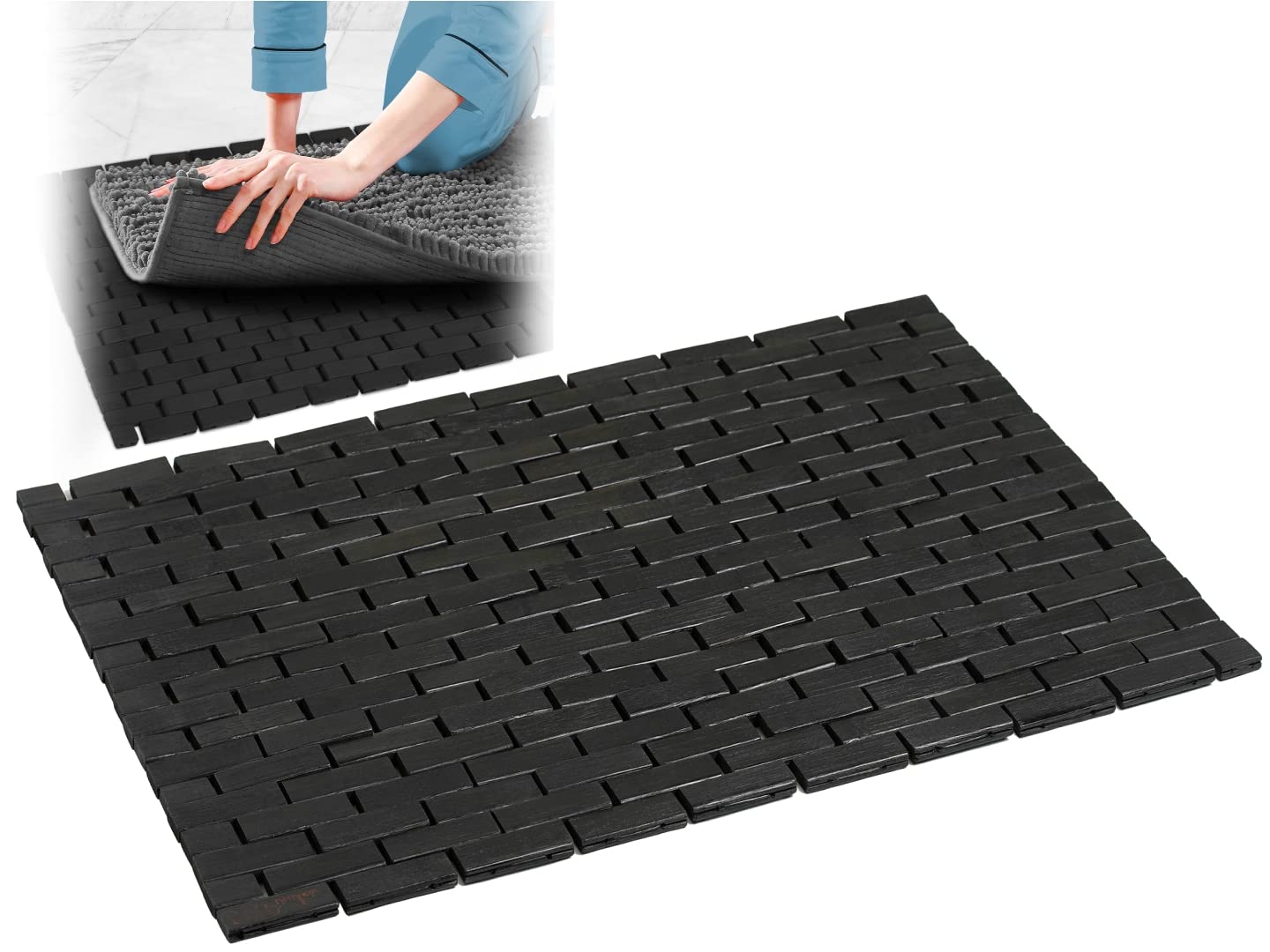 Black Bath Mat for Bathroom and Shower - 16 x 24 Inches (W x L) Bamboo Wood Rug Pad, Bathmat for Hot Tub Spa Sauna RV Camper Outdoor - WoodArtSupply