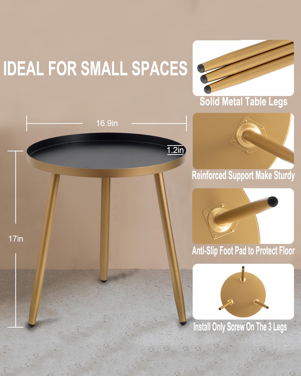 AOJEZOR Side Table: End Table for Any Room - Round Side Tables for Small Spaces - Black Top with 3 Gold Legged AOJEZOR
