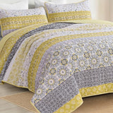 WONGS BEDDING Boho Quilt Set King, Yellow Bohemian Striped Patchwork Bedspread Coverlet Set with 2 Pillowcases,Lightweight Microfiber Floral Bedding Set 104"×90" WONGS BEDDING